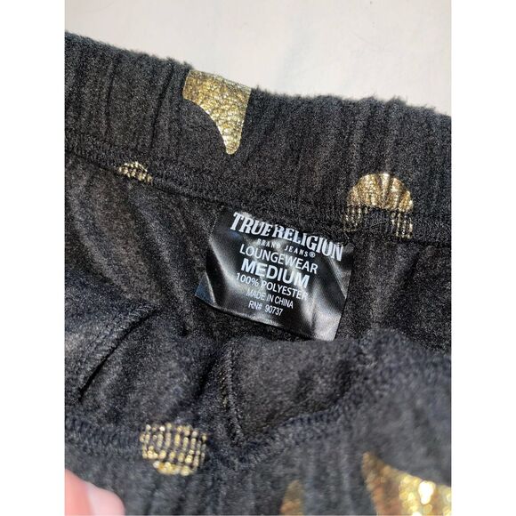 True Religion Fleece Loungewear Pants Black Gold Horseshoe Logos AllOver Print M - Picture 5 of 6